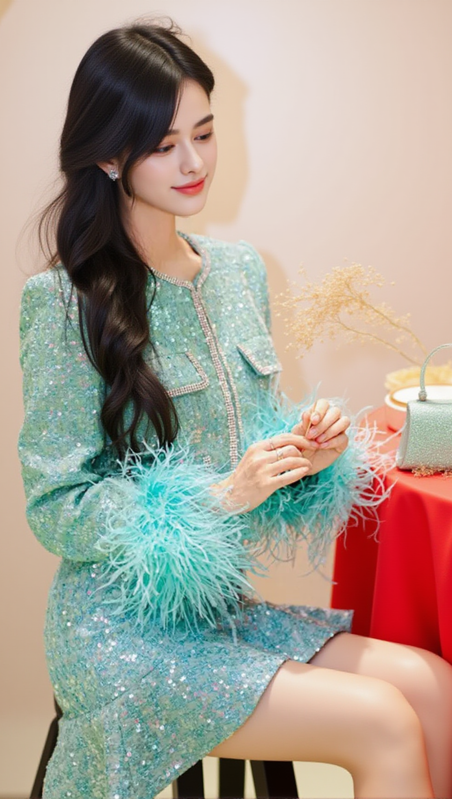 STEPHANIE BOUCLE FEATHER JACKET SUIT IN GREEN