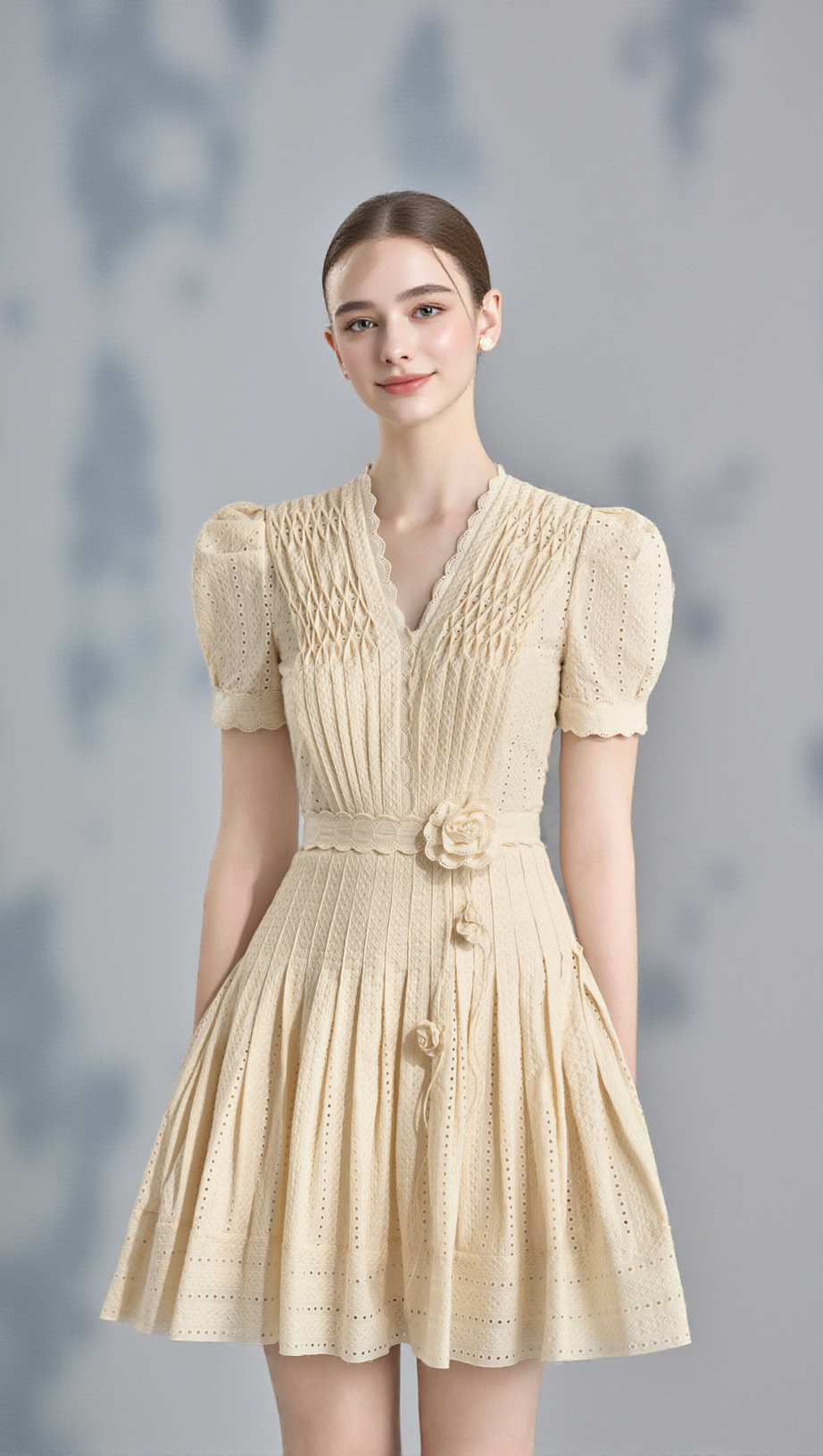 FLOWER PLEATED MINI DRESS IN APRICOT