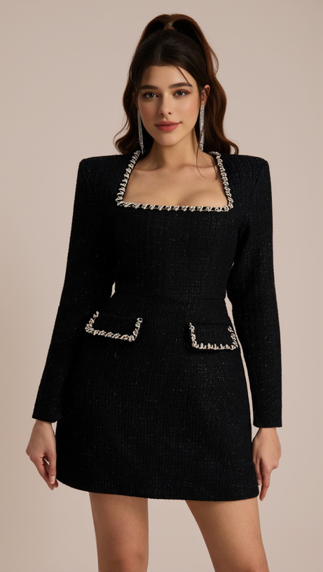 CAMILLA MINIKLEID AUS TWEED MIT ECKIGEM AUSSCHNITT