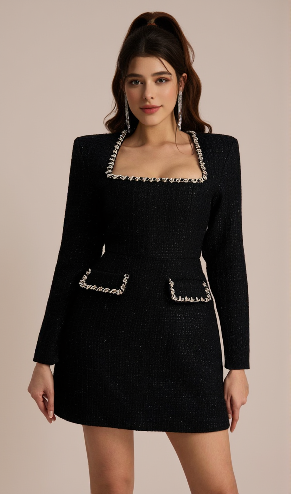 CAMILLA SQUARE NECK TWEED MINI DRESS