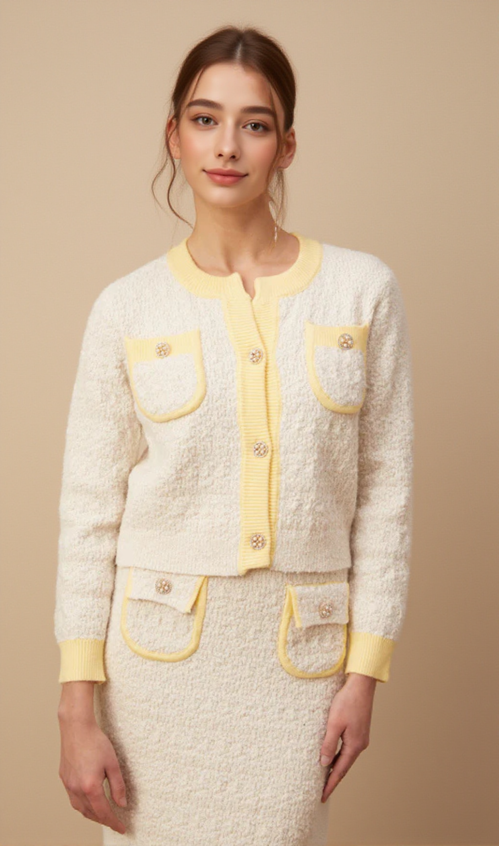 Jessie white textured knit cardigan & skirt matching set