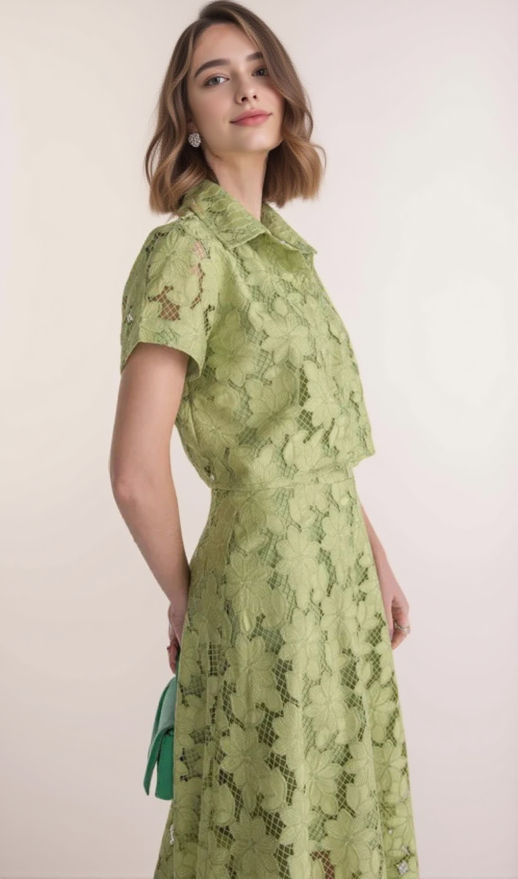 guipure mesh midi skirt cropped set in green