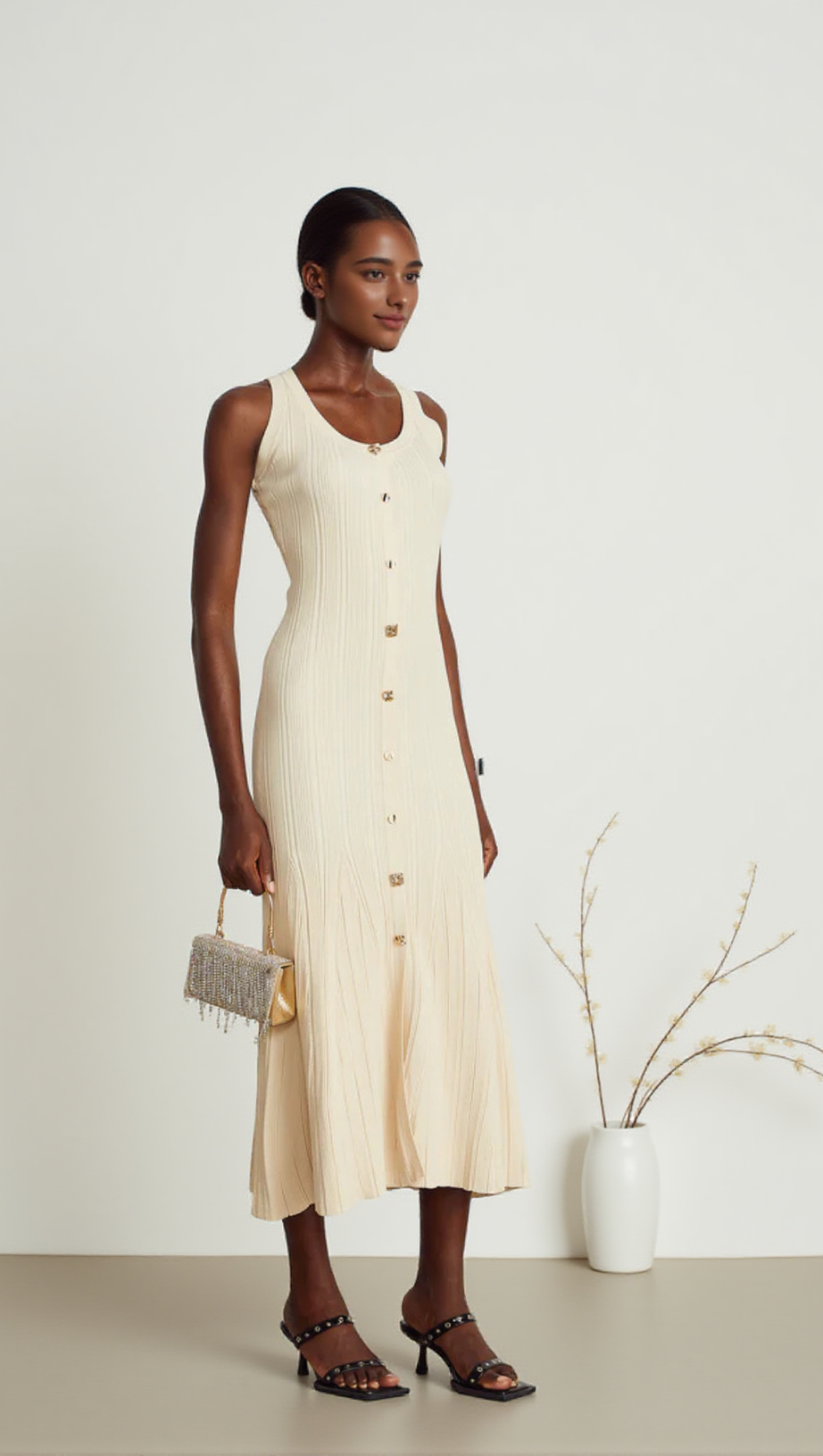 Mit Knöpfen verziertes Midikleid aus Rippstrick in Aprikose