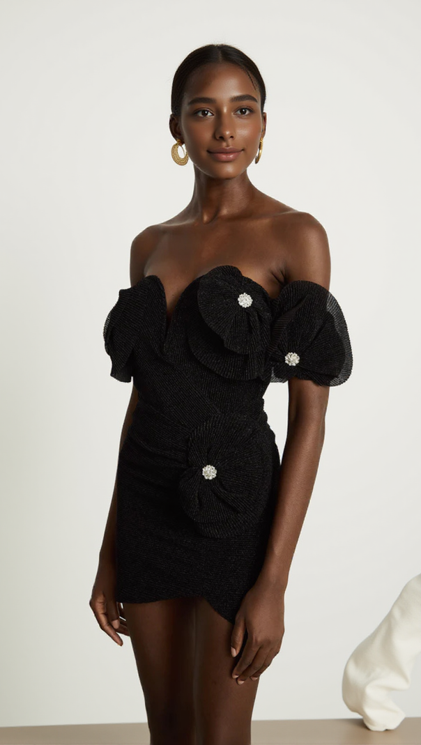 AIIZIE XAVIERA STRAPLESS FLORAL WRAP HIP MINI DRESS IN BLACK - product image