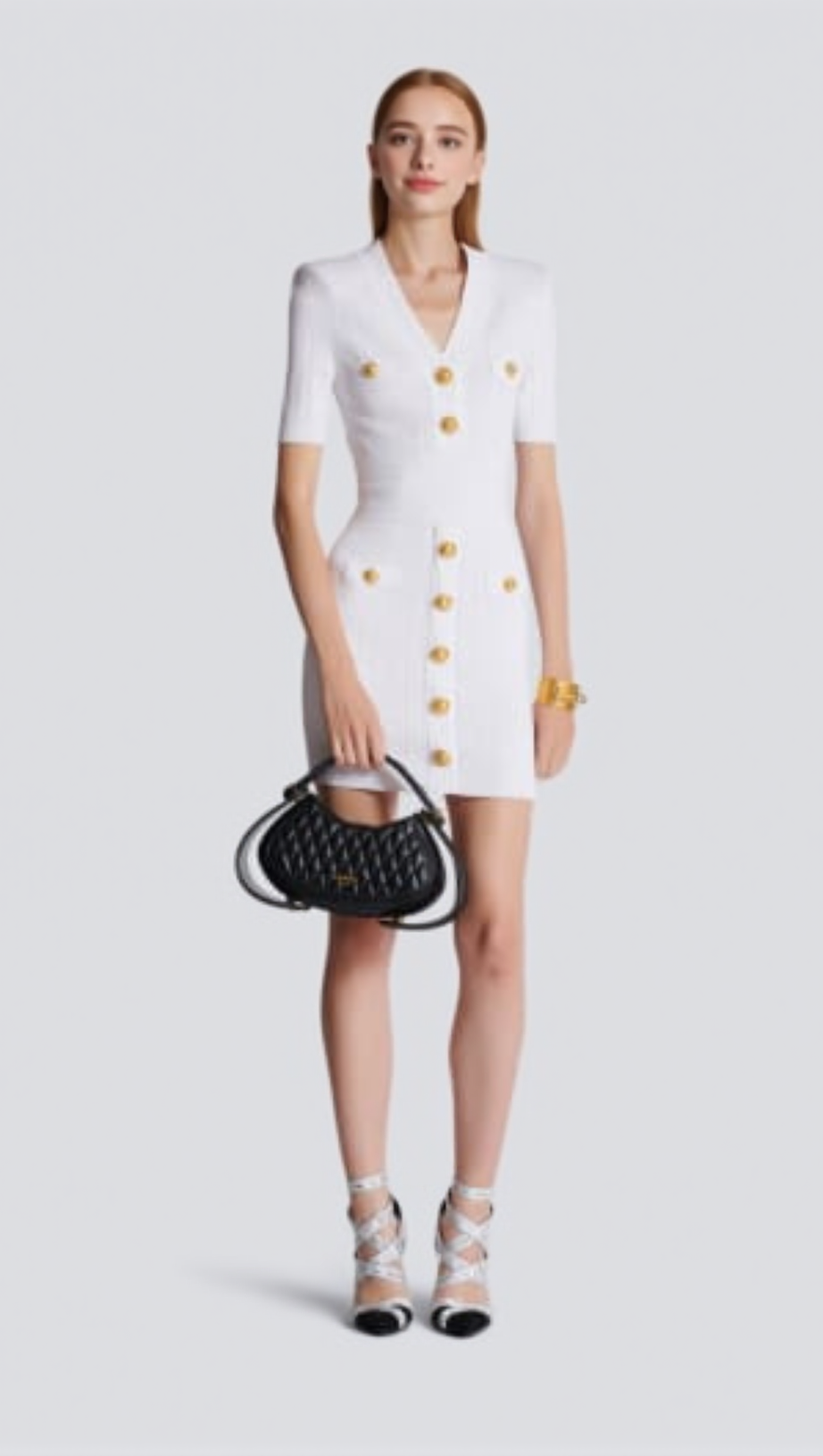 MINI ABITO CORTO IN MAGLIA TARA WHITE CON BOTTONI ORO