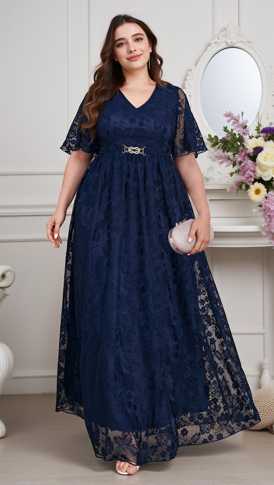 Priscilla Maxikleid mit V-Ausschnitt und Spitze 