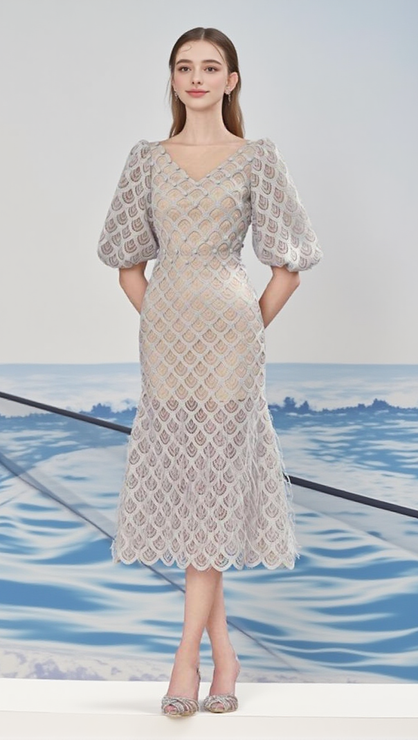 AIIZIE CIARA TRUMPET BISHOP SLEEVED LACE MIDI DRESS - product image