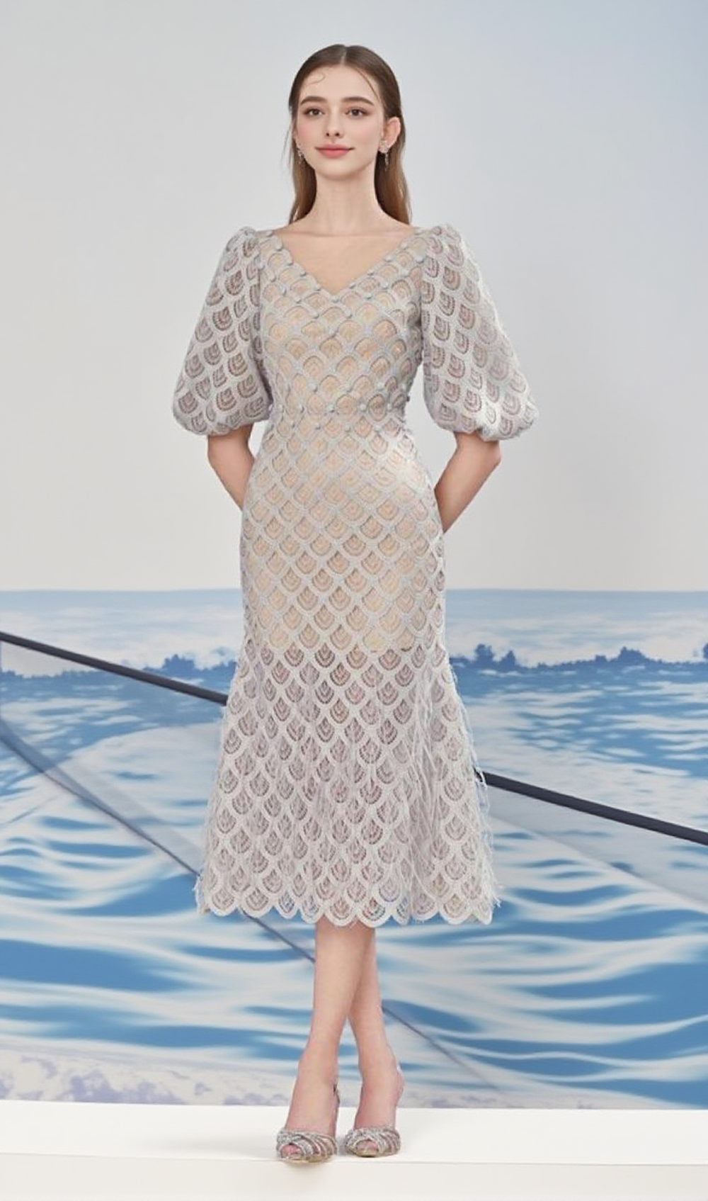 ABITO MIDI IN PIZZO CON MANICHE A QUADRETTO CIARA