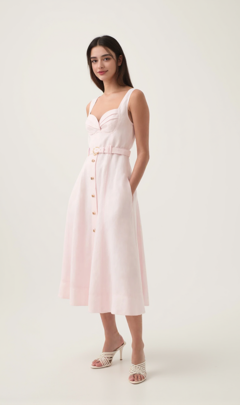 Midikleid mit herzförmigem Ausschnitt und Gürtel in Rosa