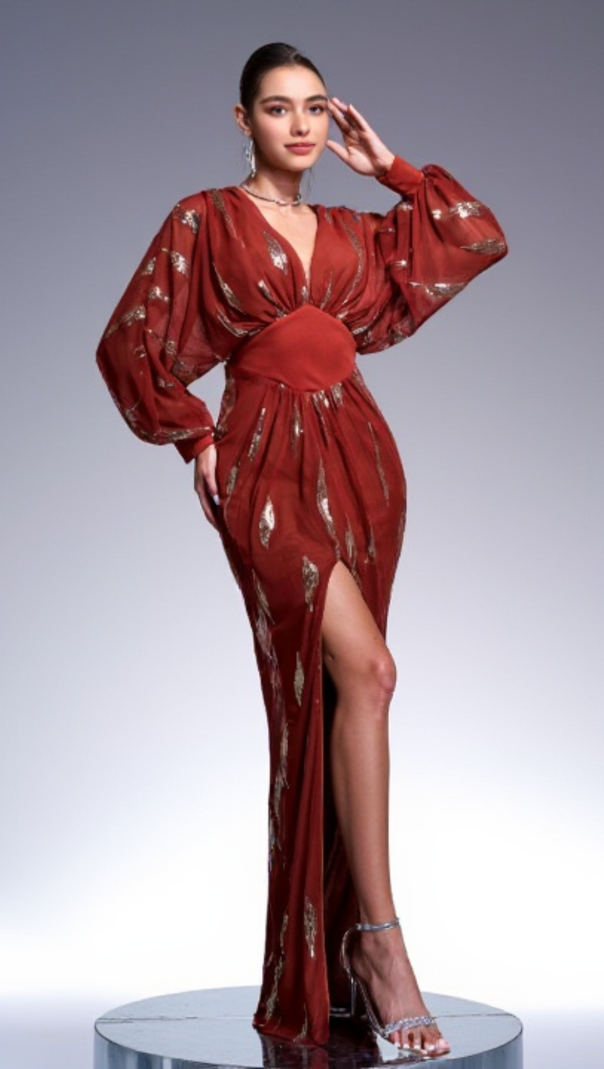 AIIZIE LANTERN SLEEVE SEQUIN PROM DRESS - product image