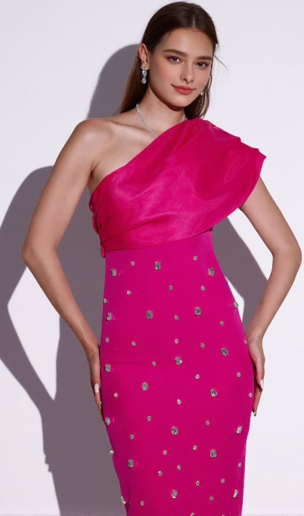 ONE-SHOULDER CRYSTAL-EMBELLISHED BANDAGE MAXI DRESS IN ROSE RED