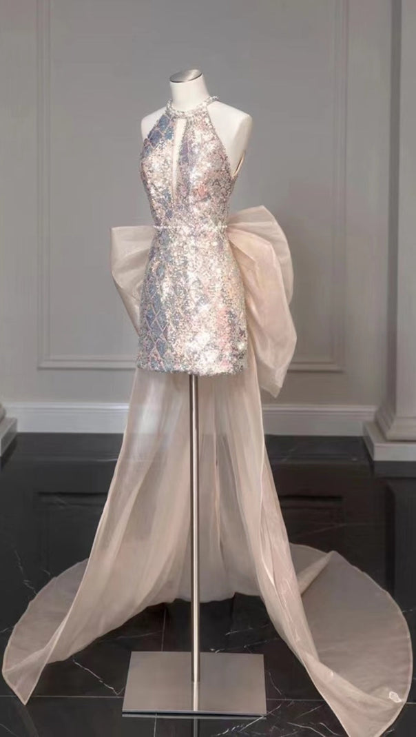 AIIZIE SEQUIN HALTER GAUZE BOW MINI DRESS - product image
