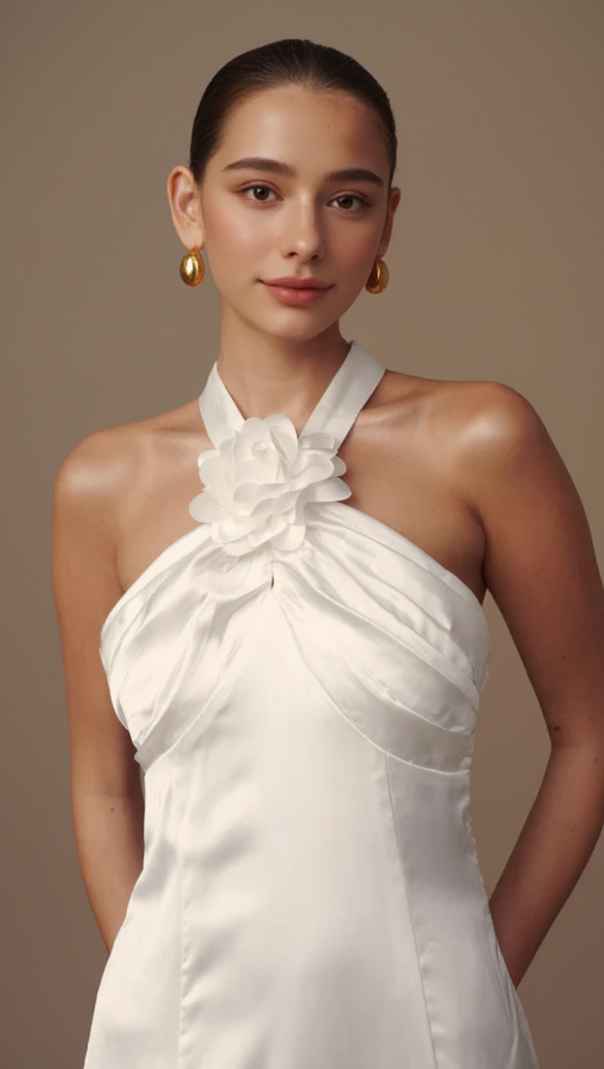 AIIZIE DYLAN ROSE HALTER MAXI DRESS IN WHITE - product image