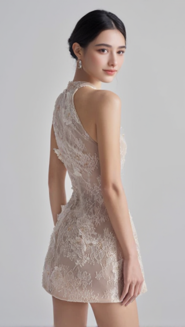 AIIZIE FLORAL LACE MINI DRESS IN BEIGE ORANGE - product image
