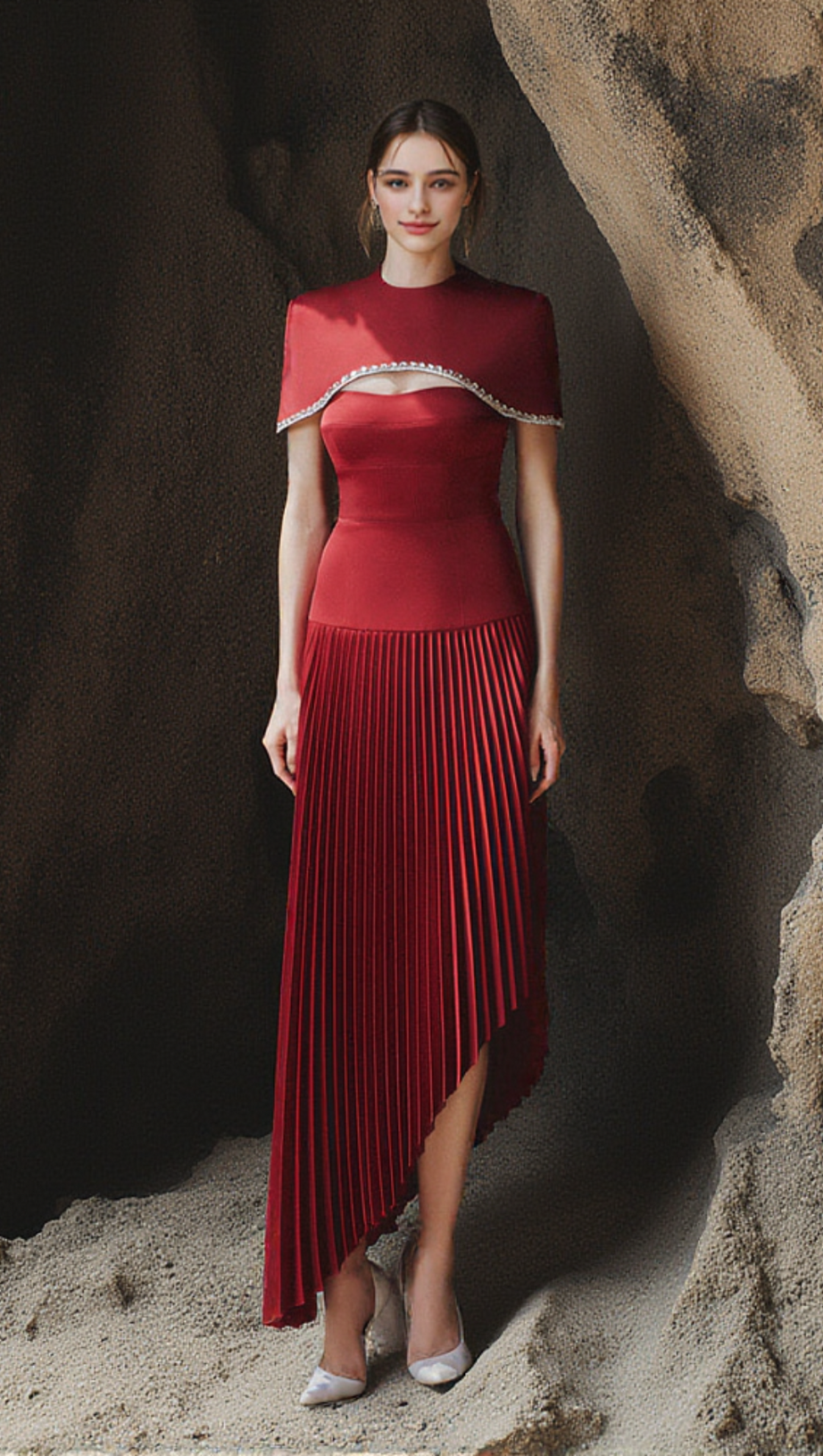 ABITO MIDI ASIMMETRICO CON PLISSETTE E SPAGHETTI IN ROSSO