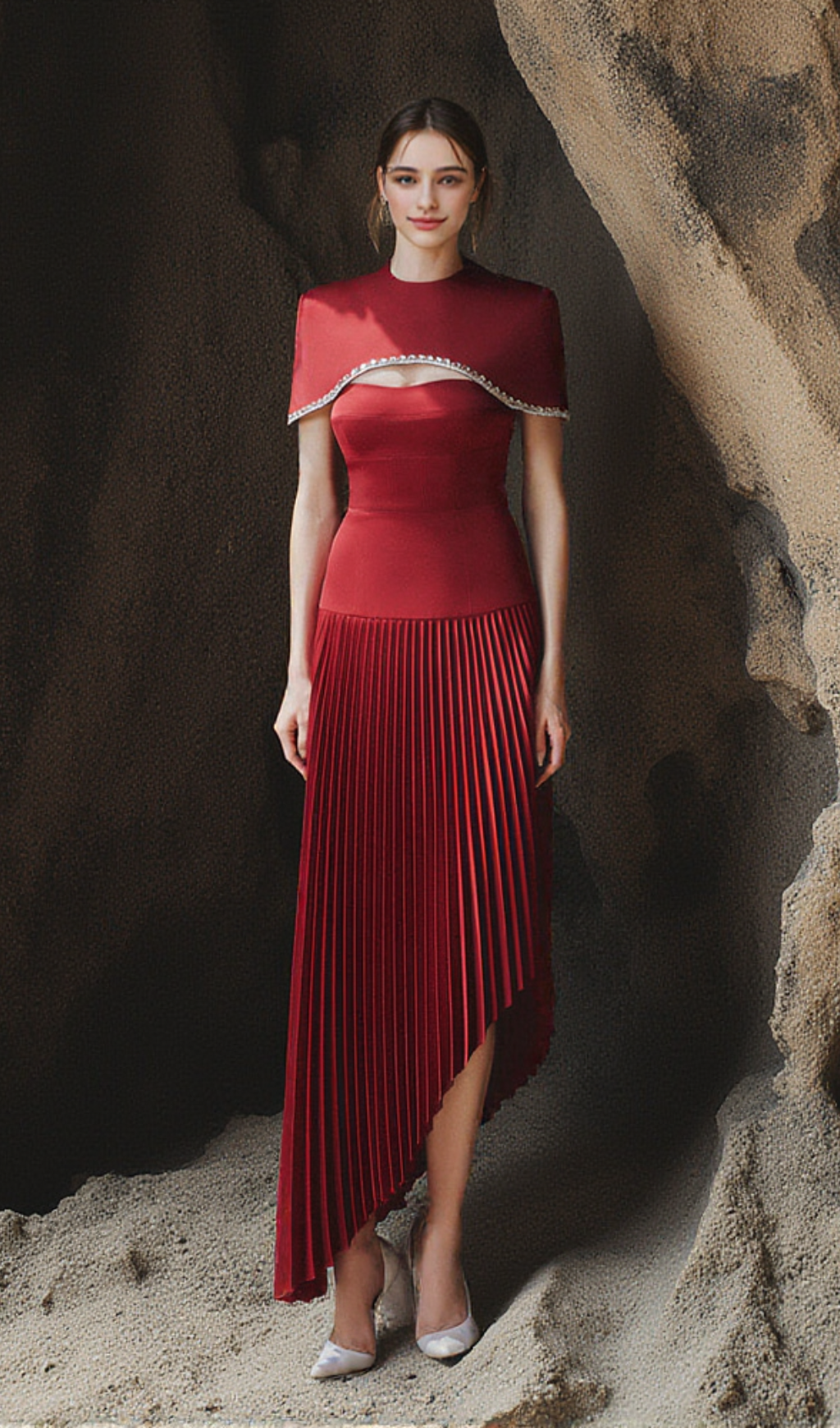 Asymmetrisches, plissiertes Midikleid mit Spaghettiträgern in Rot