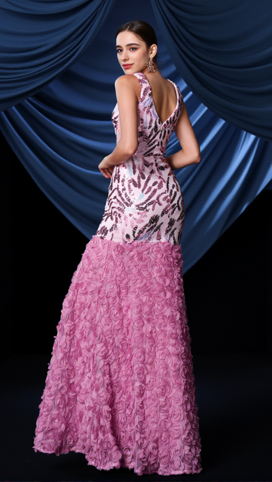 FLORAL SEQUIN SPLIT MAXI DRESS IN PINK