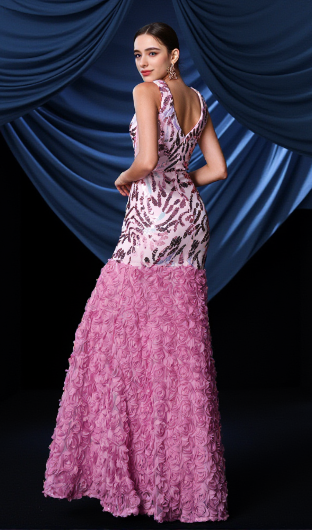 FLORAL SEQUIN SPLIT MAXI DRESS IN PINK