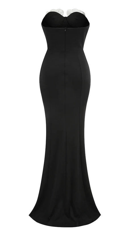 EUDORA 3D FLOWER OFF-SHOULDER MAXI DRESS IN BLACK