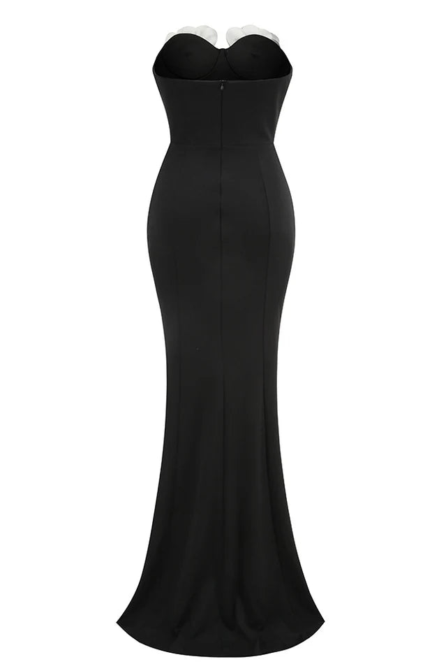 AIIZIE EUDORA 3D FLOWER OFF-SHOULDER MAXI DRESS IN BLACK - product image