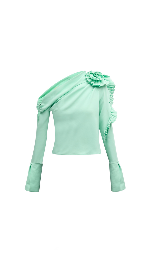 AIIZIE BELLE GREEN RUFFLE ROSETTE ONE-SHOULDER CROP TOP - product image