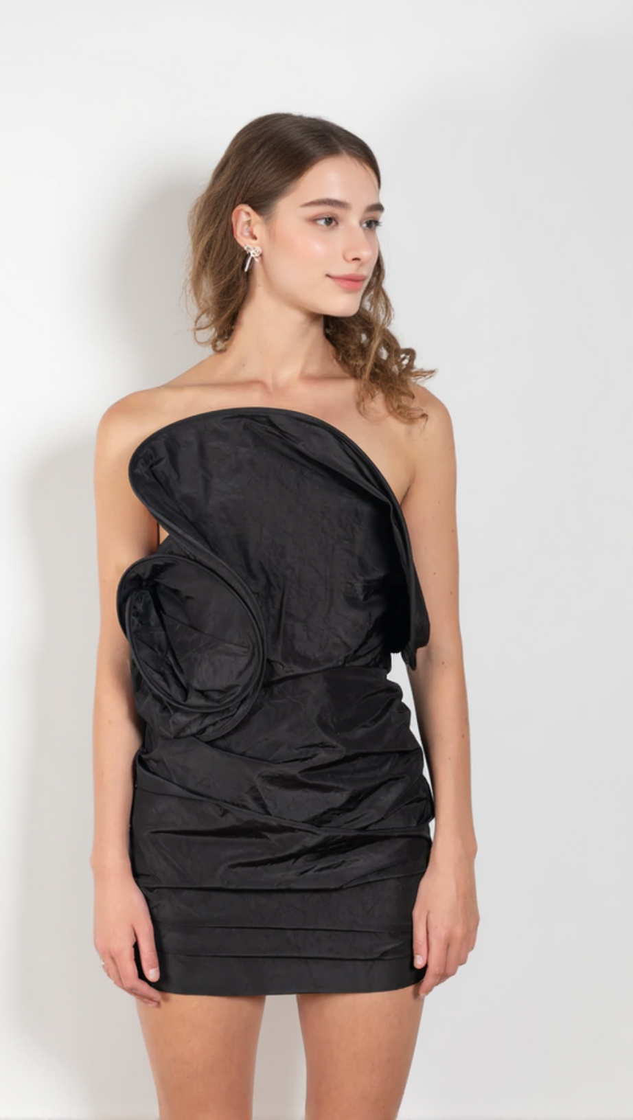STRAPLESS RUFFLED TAFFETA MINI DRESS IN BLACK