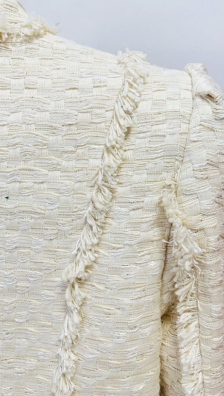 LION BUTTON FRINGED TWEED STAND COLLAR JACKET