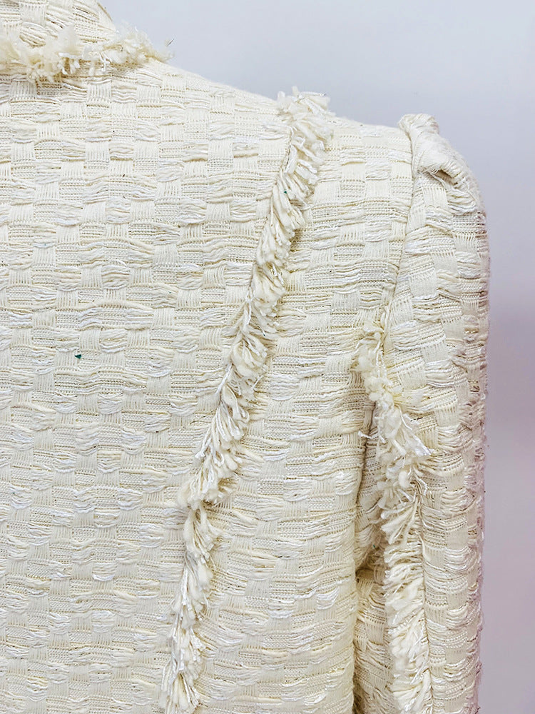 AIIZIE LION BUTTON FRINGED TWEED STAND COLLAR JACKET - product image