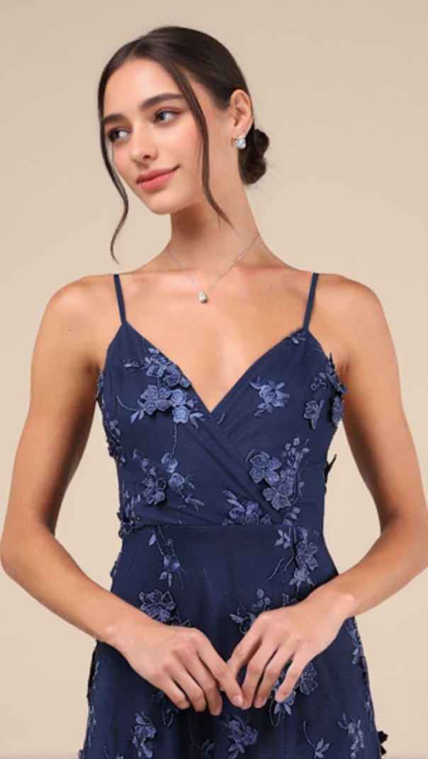 AIIZIE RARE PRESENCE NAVY BLUE 3D FLORAL SURPLICE MAXI DRESS - product image