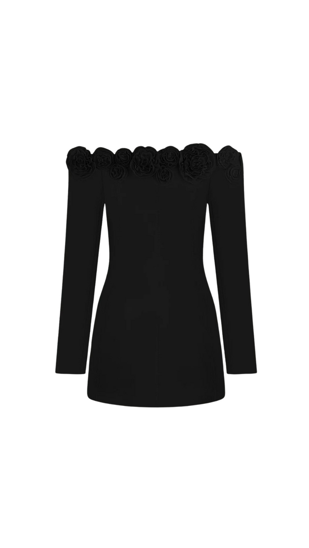 AIIZIE ERICA 3D FLORAL OFF-SHOULDER MINI DRESS IN BLACK - product image