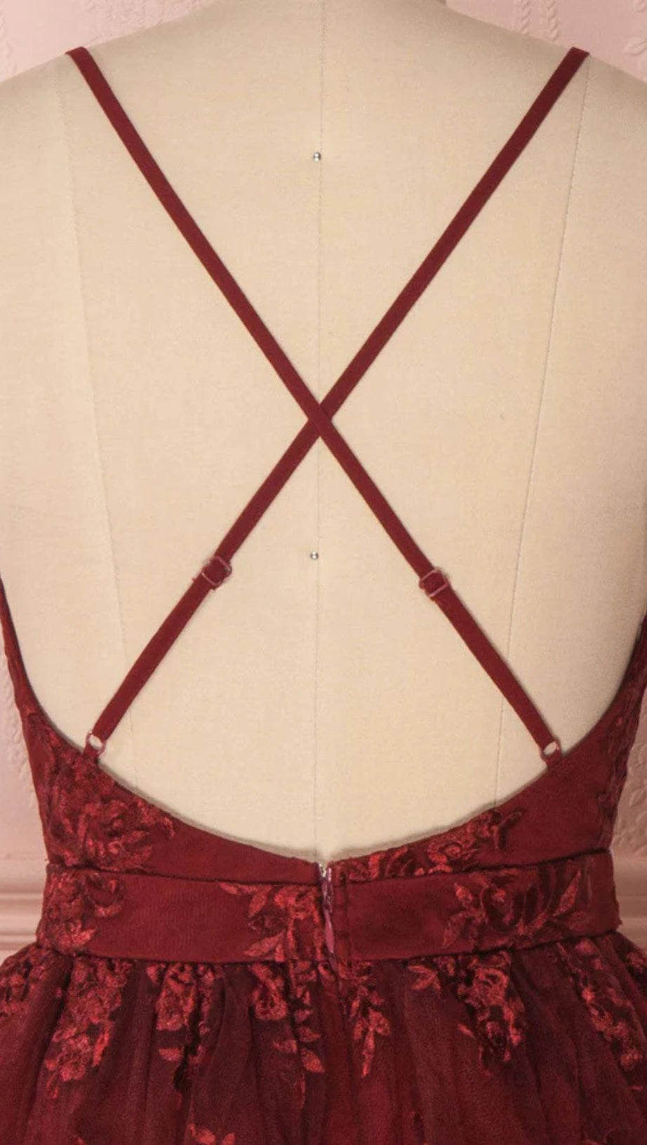 V NECK TULLE LACE SHORT BURGUNDY PROM DRESSES