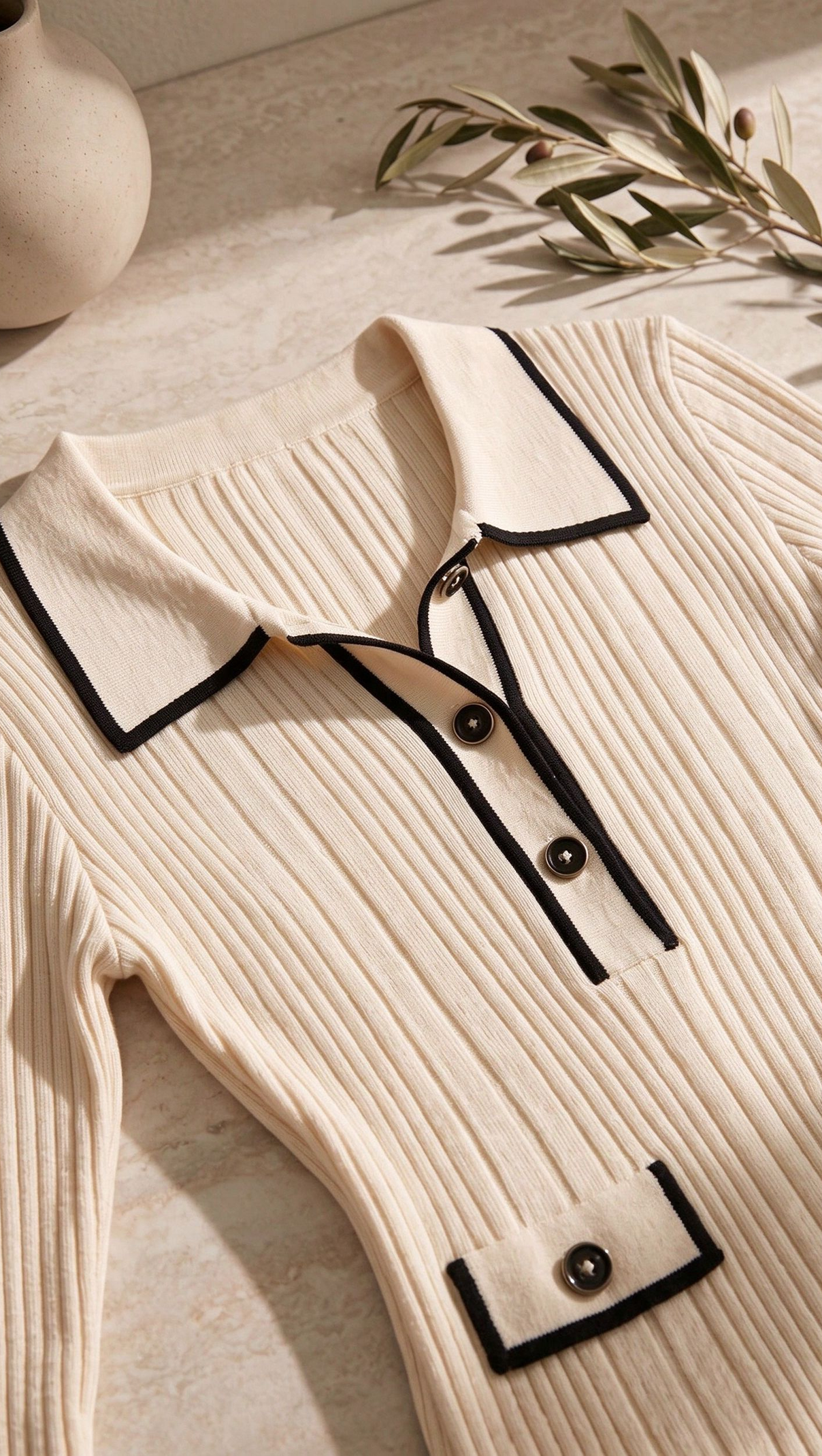 Cream Ribbed Knit Column Dress with Black Contrast Trim