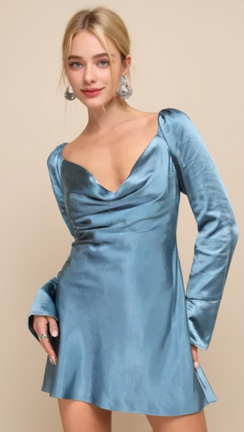 SENSATIONAL FATE SLATE BLUE SATIN COWL NECK MINI DRESS
