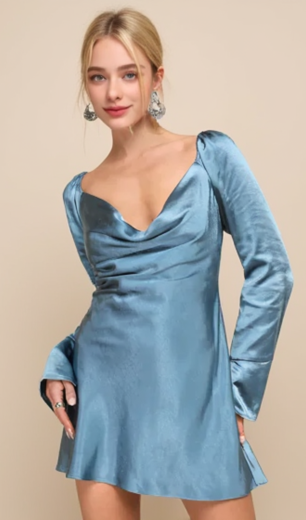 SENSATIONAL FATE SLATE BLUE SATIN COWL NECK MINI DRESS
