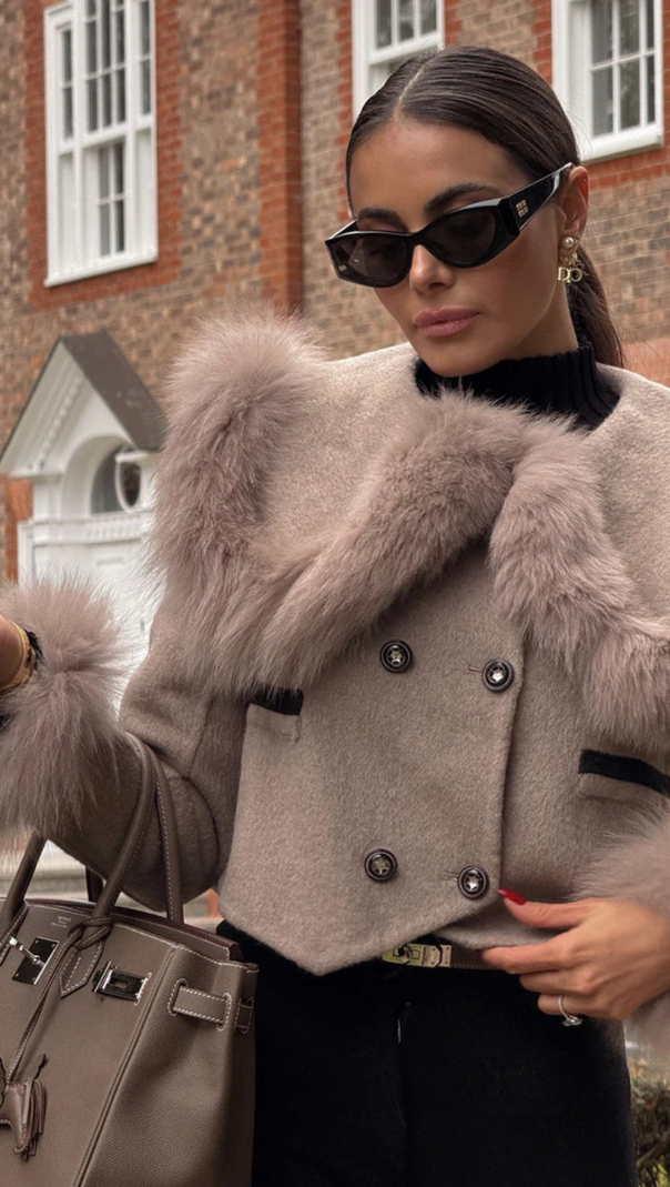 AIIZIE DOUBLE BREASTED CROPPED JACKET WITH FUR COLLAR EMBELLISHMENT - GRAY - product image