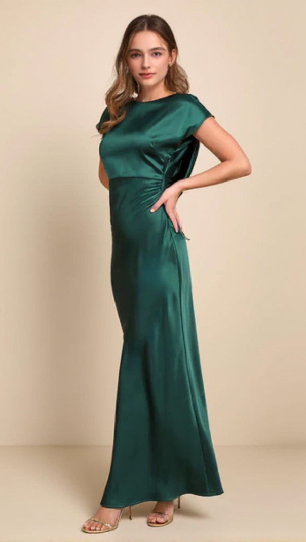 AIIZIE SATIN COWL BACK MAXI DRESS IN FOREST GREEN - product image