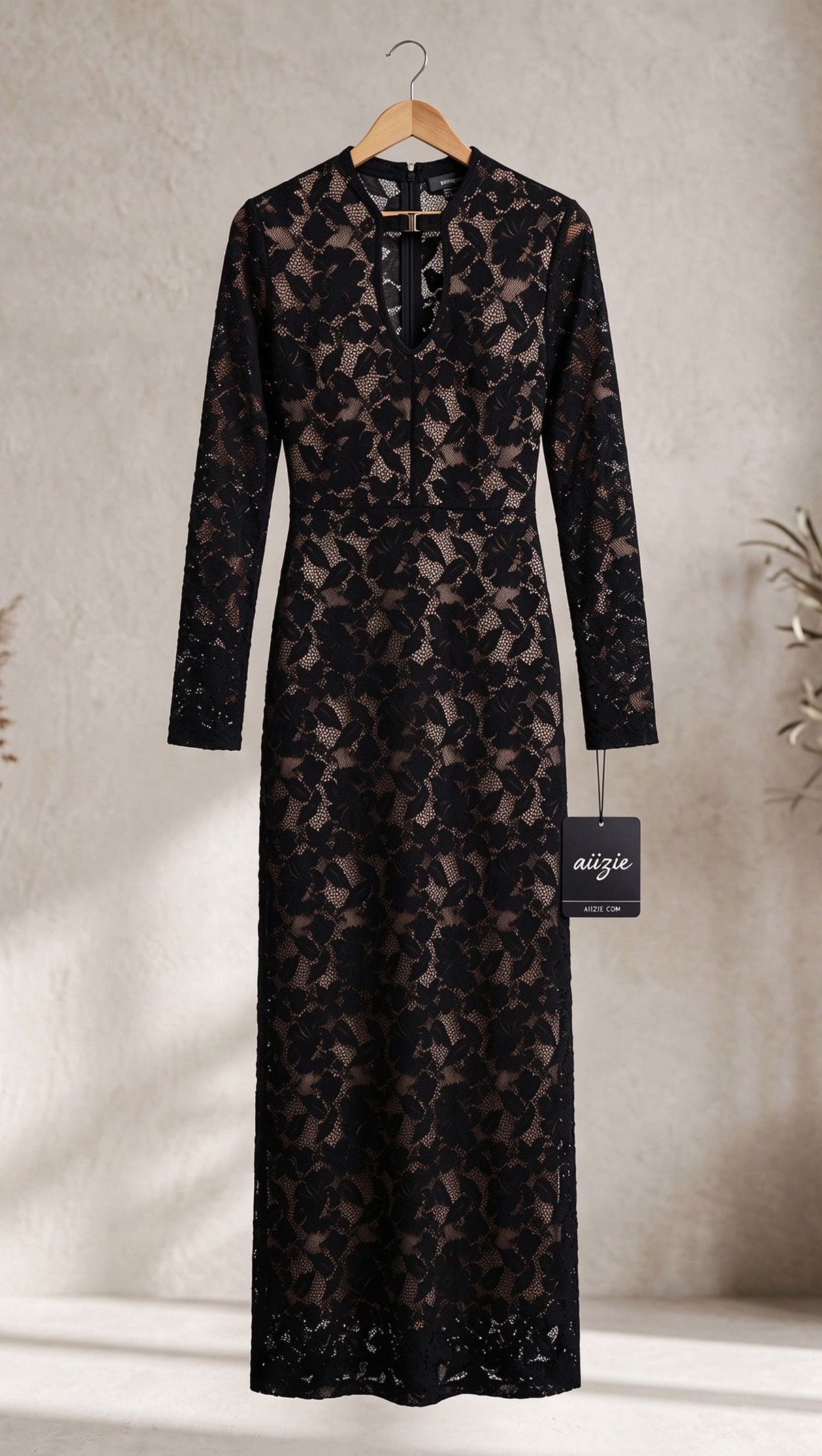 Black Floral Lace Column Gown
