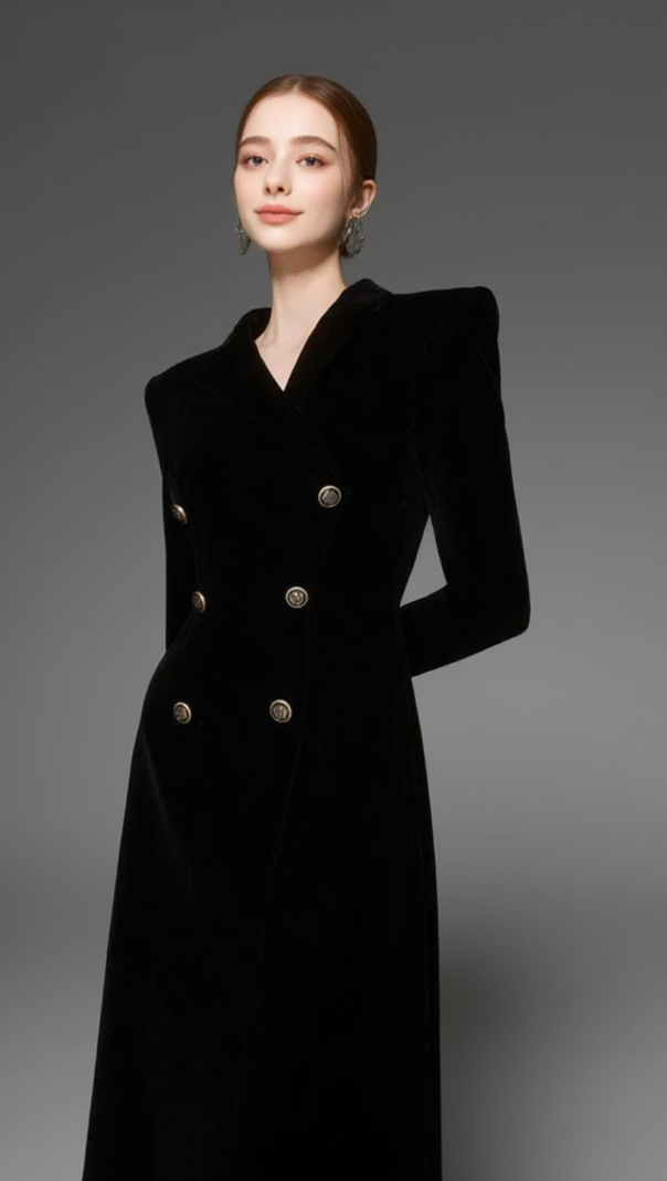 CALORIA ASYMMETRIC NOTCH LAPEL VELVET MIDI DRESS