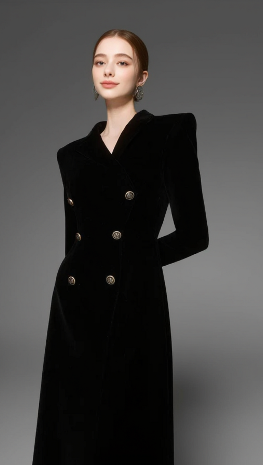 CALORIA ASYMMETRIC NOTCH LAPEL VELVET MIDI DRESS