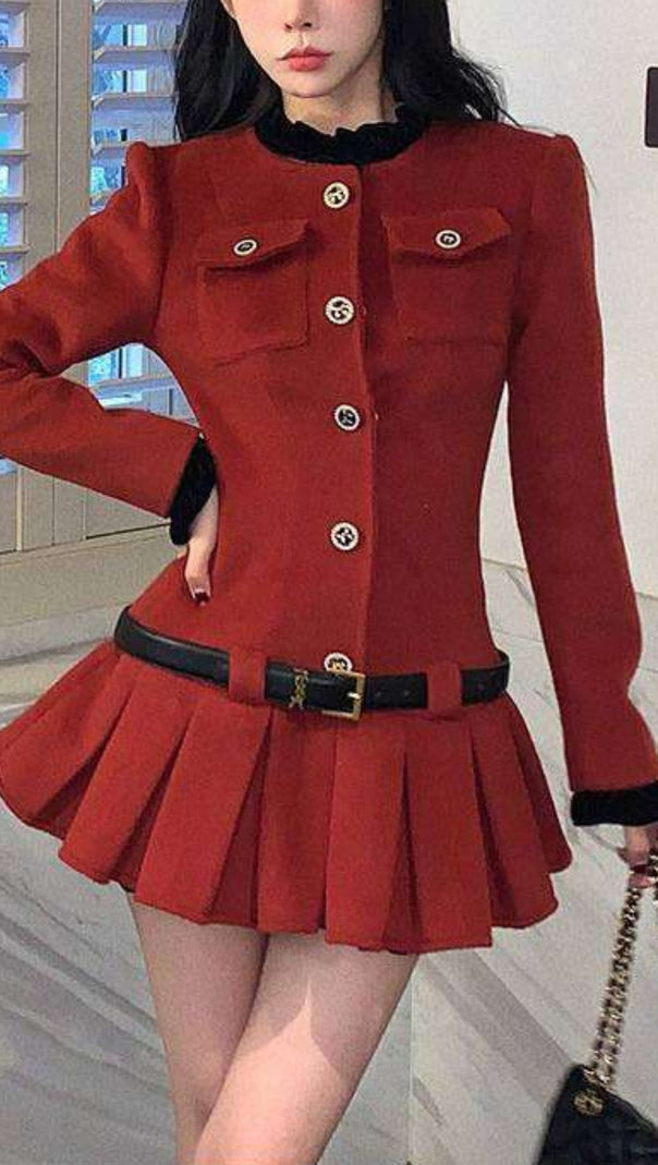 AIIZIE LONG SLEEVES ULTRA SHORT PLEATED DRESS IN BURGUNDY - product image