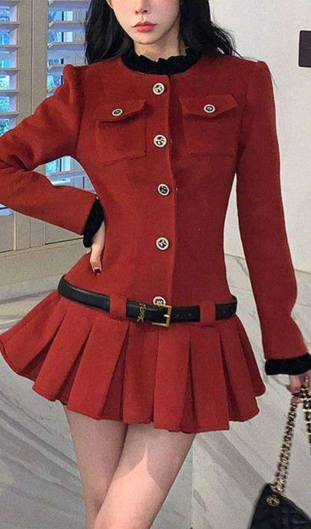 AIIZIE LONG SLEEVES ULTRA SHORT PLEATED DRESS IN BURGUNDY - product image