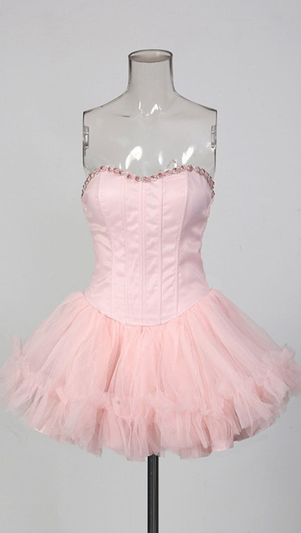 AIIZIE Jasmijn Pink Sparkle Strapless Corset Tulle Mini Dress - product image
