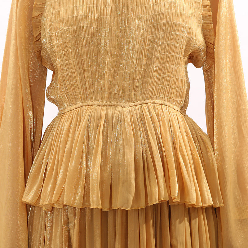 HOLLE GOLDEN PLEATED MAXI DRESS FOR WOMEN - ELEGANT LONG SLEEVE OCCASION GOWN