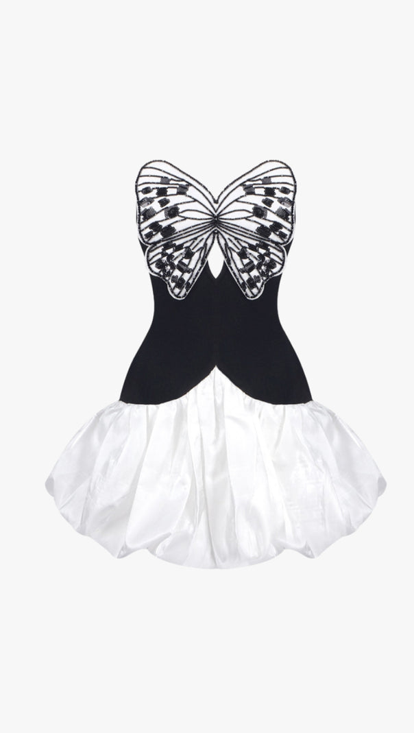 AIIZIE BUTTERFLY EMBROIDERED BODICE PUFFBALL MINI DRESS IN BLACK - product image