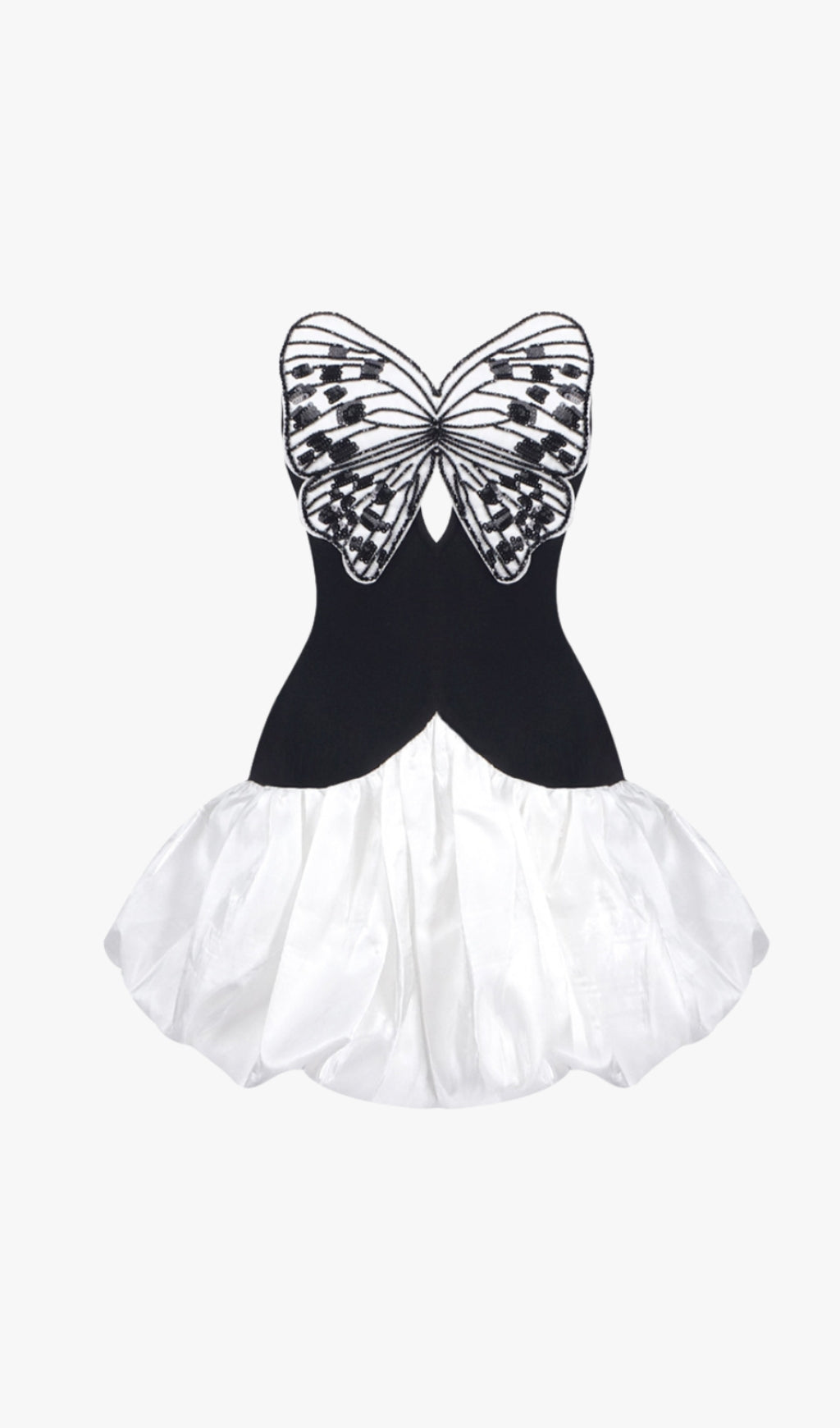 BUTTERFLY EMBROIDERED BODICE PUFFBALL MINI DRESS IN BLACK