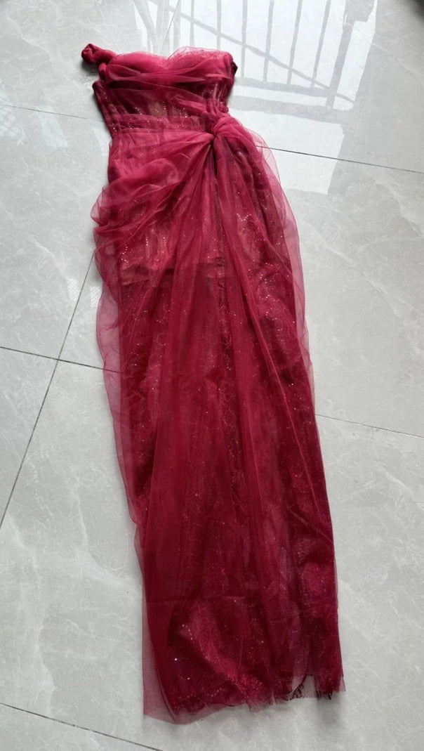AIIZIE ONE SHOULDER MESH RUCHED MIDI DRESS - product image