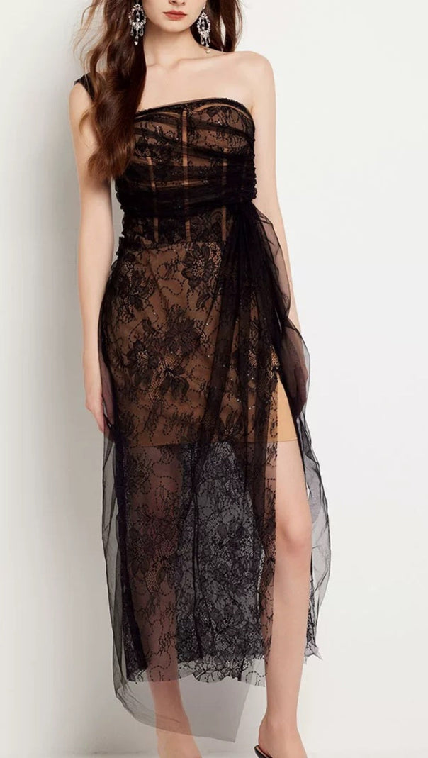 ONE SHOULDER MESH RUCHED MIDI DRESS