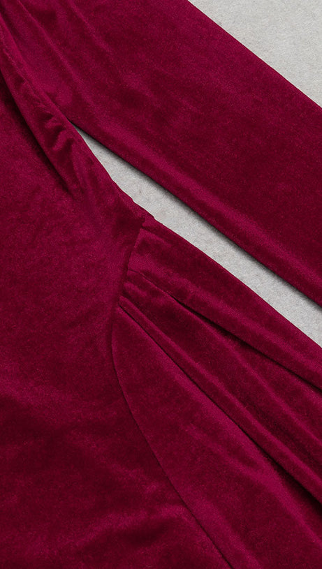 LONG SLEEVE STRAPLESS VELVET A-LINE DRESS