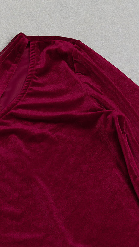LONG SLEEVE STRAPLESS VELVET A-LINE DRESS