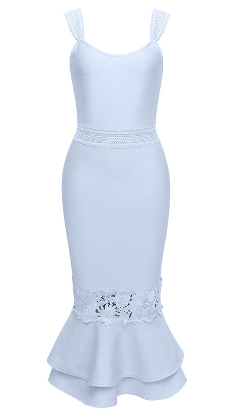 AGATHA MERMAID HEM FLORAL LACE BANDAGE MIDI DRESS IN BLUE